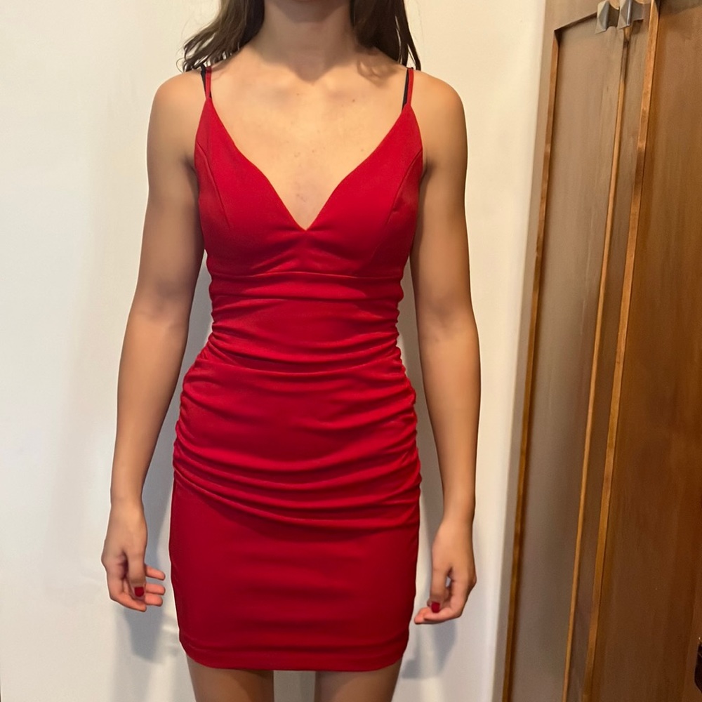 Short Red Dress Size XS Low V Neck Tight